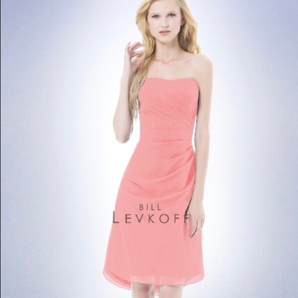 Bill Levkoff bridesmaid 388 strapless coral dress